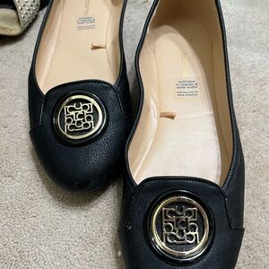 Black Leather Flats with Gold Accent